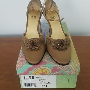 Satin flower applique bronze Impo shoes